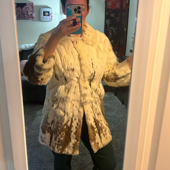 Vintage genuine rabbit fur cream tan brown mid length coat - Picture 17 of 17
